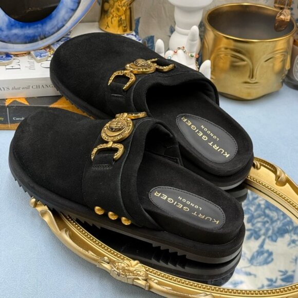 🆕 KURT GEIGER LONDON 🧿 NWOB Kensington Medallion Black Suede Mules, Sz 37 US 7 - Picture 13 of 13